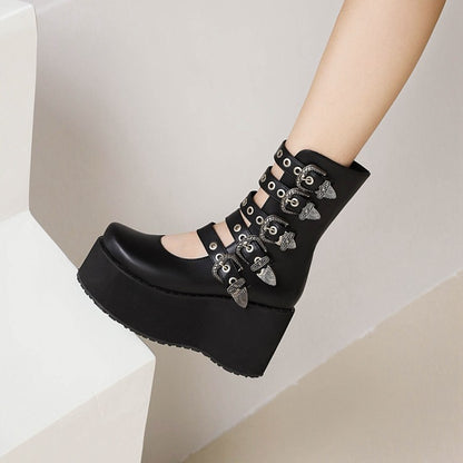 Women's Metal Buckle Straps Wedge Heel Platform Short Boots