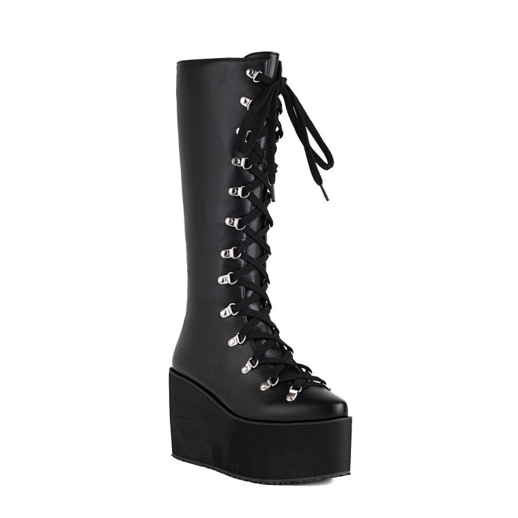 Women's Pu Leather Round Toe Metal Rivets Lace Up Wedge Heel Platform Mid-calf Boots