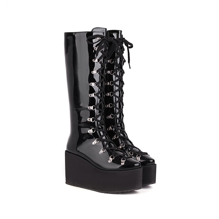 Women's Pu Leather Round Toe Metal Rivets Lace Up Wedge Heel Platform Mid-calf Boots