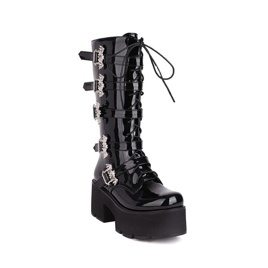 Women's Pu Leather Square Toe Lace Up Buckle Straps Block Chunky Heel Platform Mid-calf Boots