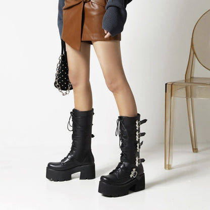 Women's Pu Leather Square Toe Lace Up Buckle Straps Block Chunky Heel Platform Mid-calf Boots