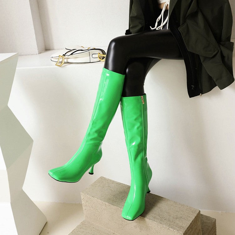 Women's Square Toe Side Zippers Spool Heel Knee-High Boots