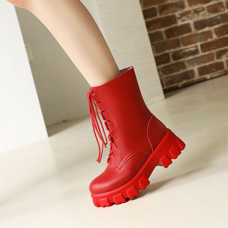 Women's Round Toe Lace Up Side Zippers Block Chunky Heel Platform Short Boots