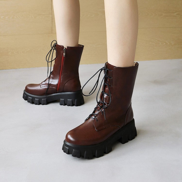 Women's Round Toe Lace Up Side Zippers Block Chunky Heel Platform Short Boots