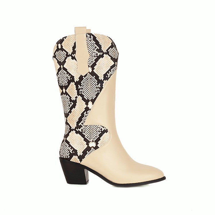 Women's Patchwork Pointed Toe Low Heel Cowboy Mid-Calf Western Boots