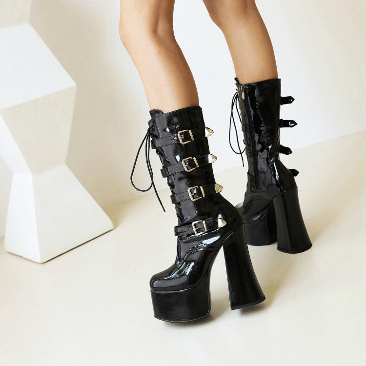 Women's Pu Leather Round Toe Lace Up Buckle Straps Block Chunky Heel Platform Mid-calf Boots