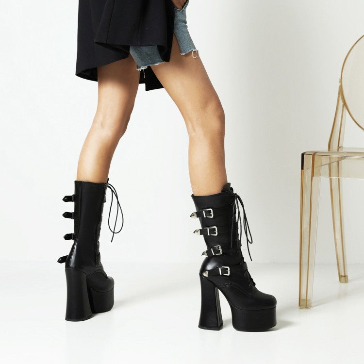 Women's Pu Leather Round Toe Lace Up Buckle Straps Block Chunky Heel Platform Mid-calf Boots