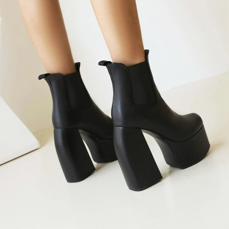 Women's Pu Leather Round Toe Stretch Block Chunky Heel Platform Ankle Boots