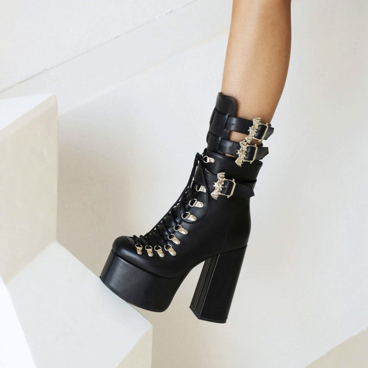 Women's Pu Leather Square Toe Rivets Lace Up Buckle Straps Block Chunky Heel Platform Ankle Boots