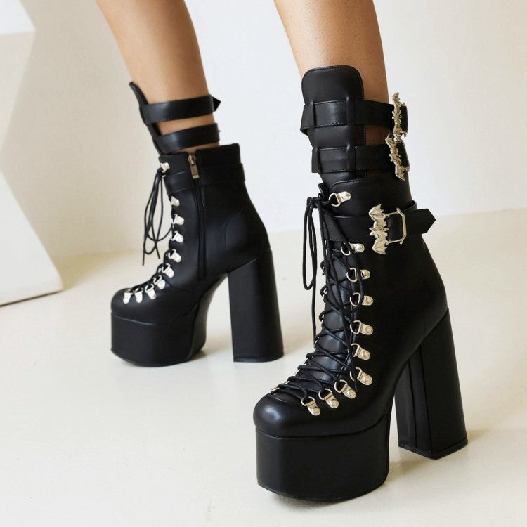 Women's Pu Leather Square Toe Rivets Lace Up Buckle Straps Block Chunky Heel Platform Ankle Boots