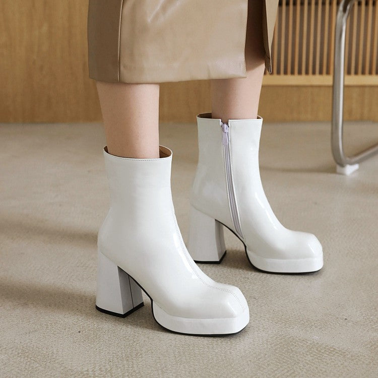 Women's Glossy Square Toe Back Zippers Block Chunky Heel Platform Short Boots