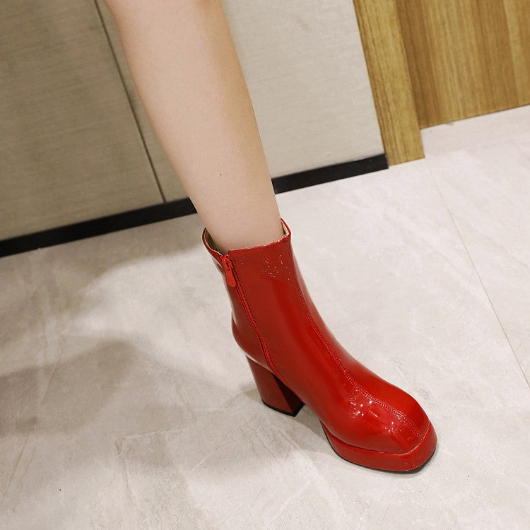 Women's Glossy Square Toe Back Zippers Block Chunky Heel Platform Short Boots