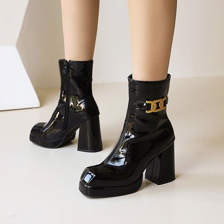 Women's Glossy Square Toe Side Zippers Block Chunky Heel Platform Short Boots
