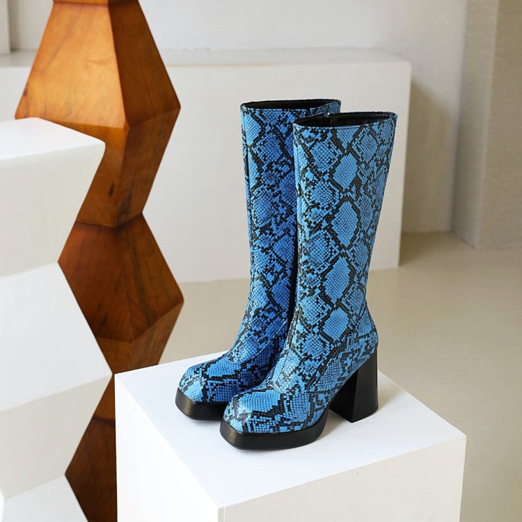 Women's Snake Printed Square Toe Side Zippers Block Chunky Heel Platform Mid-Calf Boots