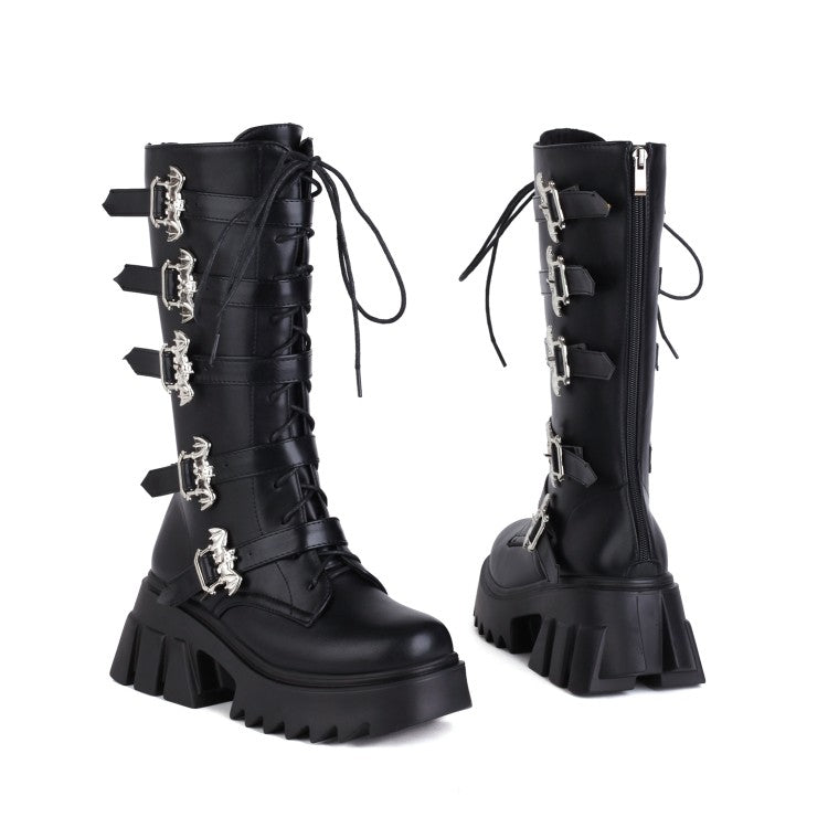 Women's Pu Leather Round Toe Lace Up Buckle Straps Block Chunky Heel Platform Riding Mid-calf Boots