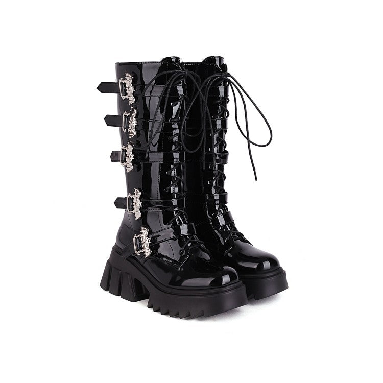 Women's Pu Leather Round Toe Lace Up Buckle Straps Block Chunky Heel Platform Riding Mid-calf Boots