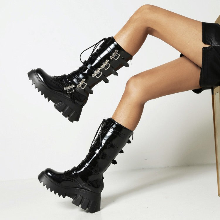 Women's Pu Leather Round Toe Lace Up Buckle Straps Block Chunky Heel Platform Riding Mid-calf Boots