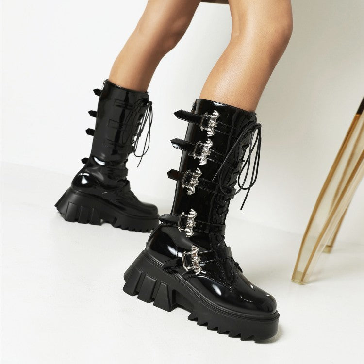 Women's Pu Leather Round Toe Lace Up Buckle Straps Block Chunky Heel Platform Riding Mid-calf Boots