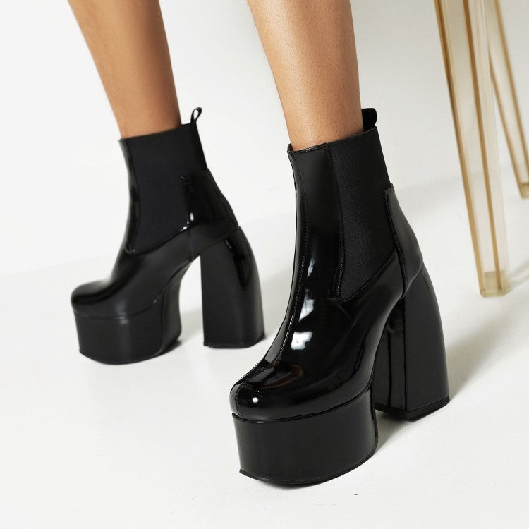 Women's Glossy Stretch Block Chunky Heel Platform Ankle Boots