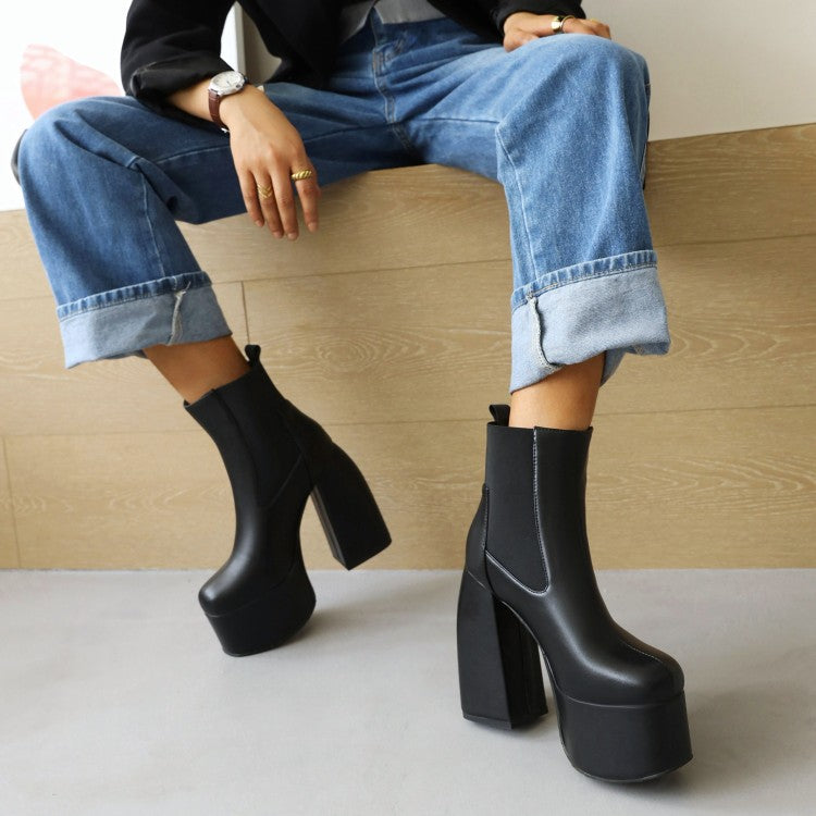 Women's Glossy Stretch Block Chunky Heel Platform Ankle Boots