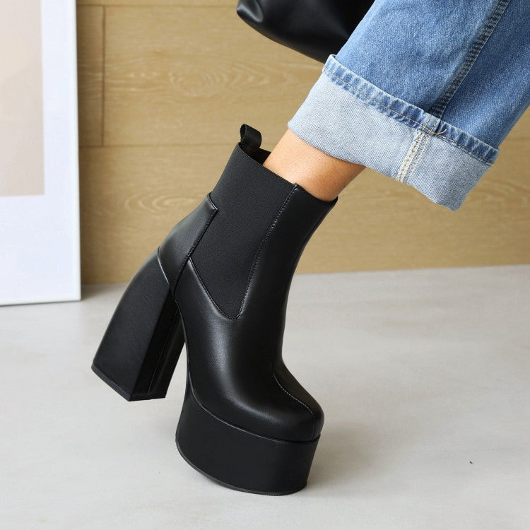 Women's Glossy Stretch Block Chunky Heel Platform Ankle Boots