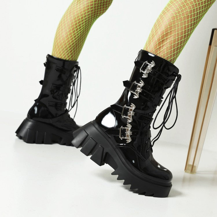 Women's Glossy Metal Buckle Straps Lace Up Block Chunky Heel Platform Mid-calf Boots