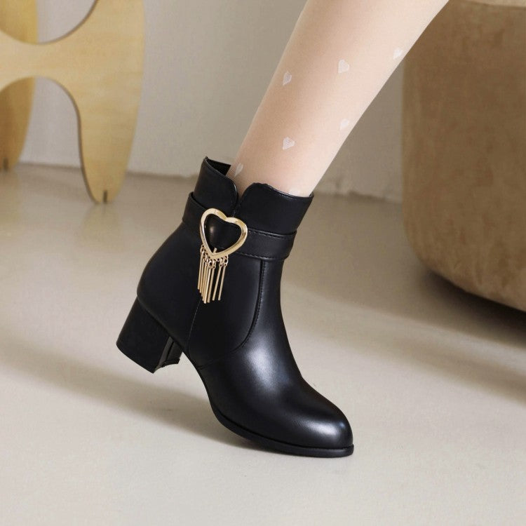 Women's Pu Leather Side Zippers Love Hearts Buckle Straps Tassel Block Chunky Heel Short Boots