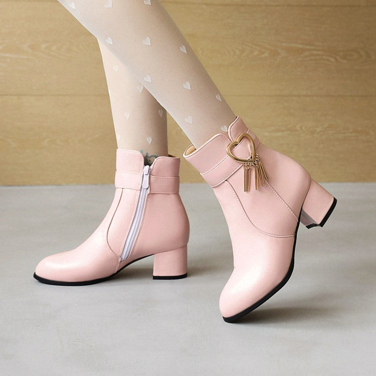 Women's Pu Leather Side Zippers Love Hearts Buckle Straps Tassel Block Chunky Heel Short Boots