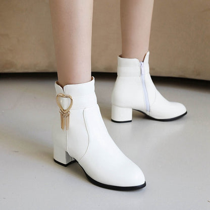 Women's Pu Leather Side Zippers Love Hearts Buckle Straps Tassel Block Chunky Heel Short Boots