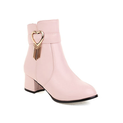 Women's Pu Leather Side Zippers Love Hearts Buckle Straps Tassel Block Chunky Heel Short Boots