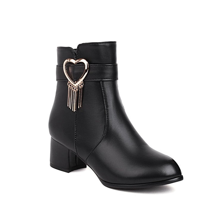 Women's Pu Leather Side Zippers Love Hearts Buckle Straps Tassel Block Chunky Heel Short Boots