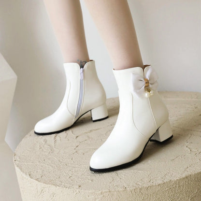 Women's Pu Leather Side Zippers Bow Tie Pearls Block Heel Short Boots