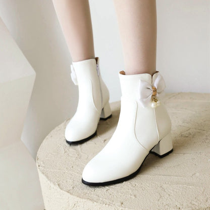 Women's Pu Leather Side Zippers Bow Tie Pearls Block Heel Short Boots