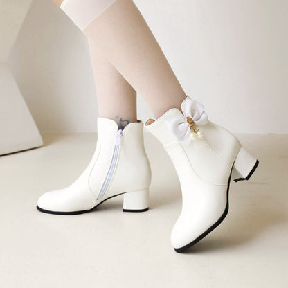 Women's Pu Leather Side Zippers Bow Tie Pearls Block Heel Short Boots