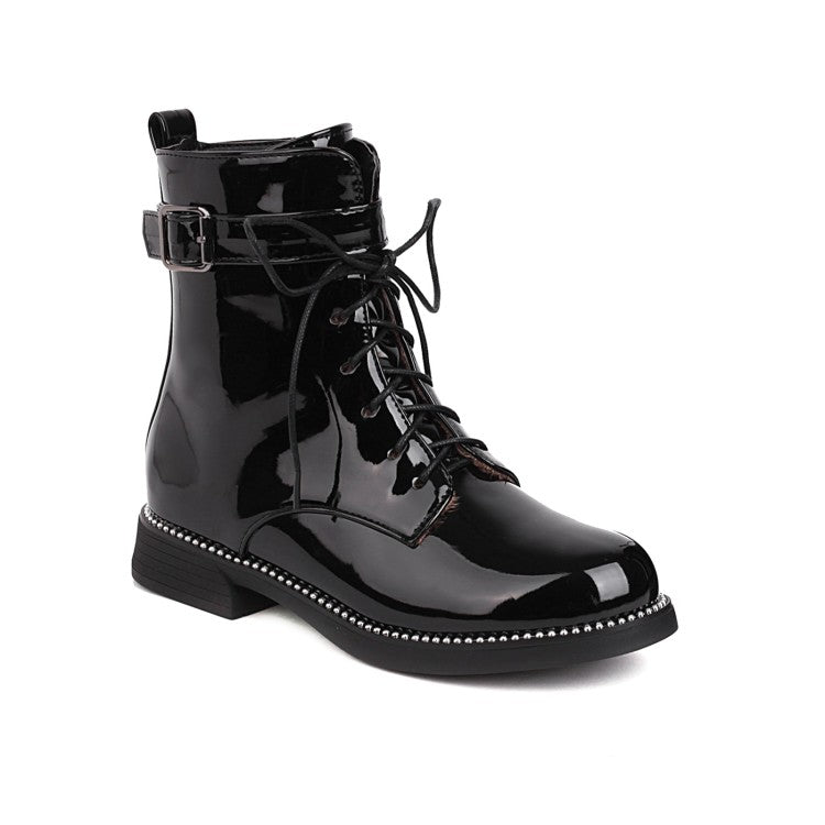 Women's Glossy Round Toe Lace Up Buckle Straps Stitch Short Boots