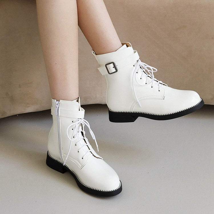 Women's Glossy Round Toe Lace Up Buckle Straps Stitch Short Boots