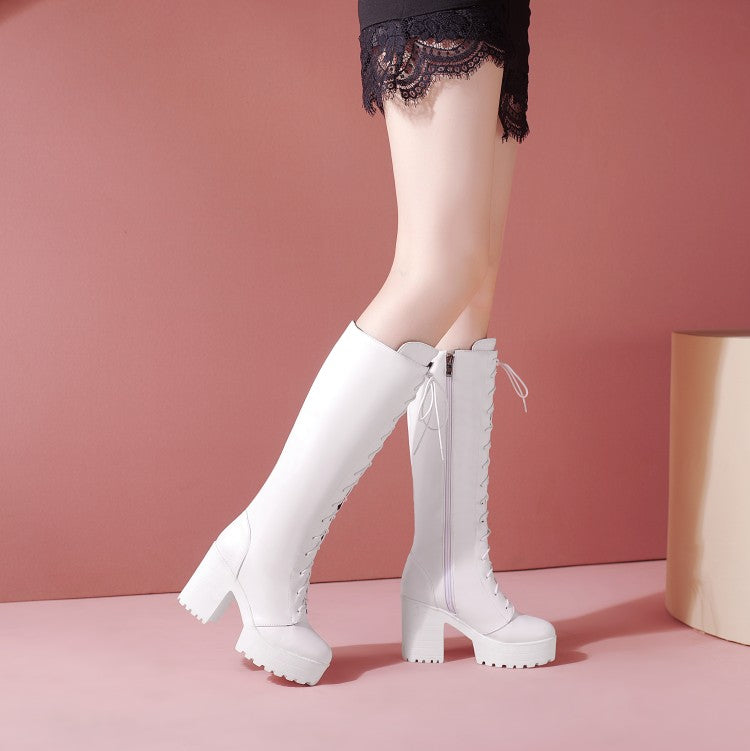 Women's Lace Up Block Heel Platform Mid Calf Boots