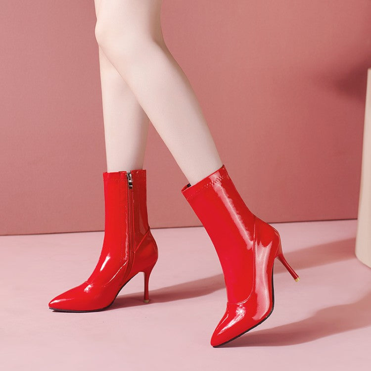Women's Pointed Toe Side Zippers Stiletto Heel Mid Calf Boots