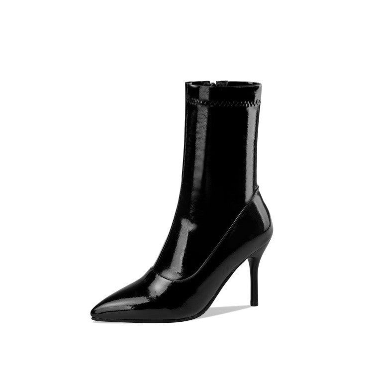 Women's Pointed Toe Side Zippers Stiletto Heel Mid Calf Boots