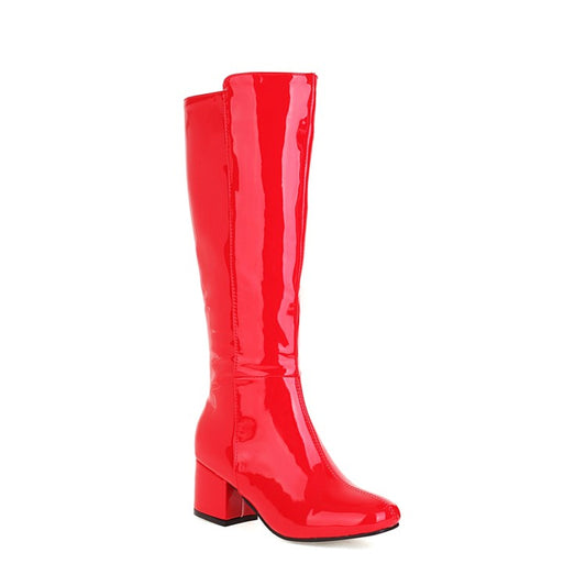 Women's Glossy Side Zippers Block Heel Knee High Boots