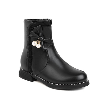 Women's Pu Leather Round Toe Lace Side Zippers Pearls Bow Tie Short Boots