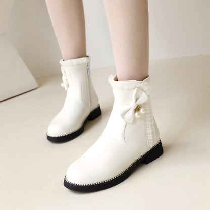 Women's Pu Leather Round Toe Lace Side Zippers Pearls Bow Tie Short Boots