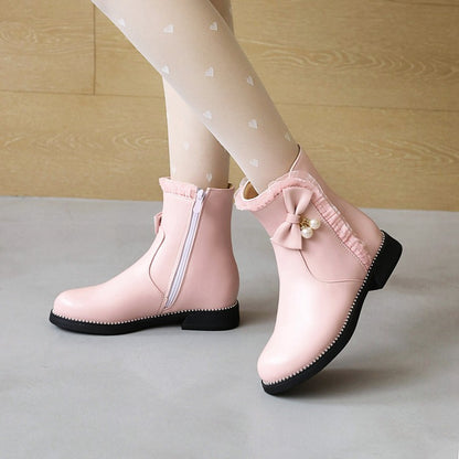 Women's Pu Leather Round Toe Lace Side Zippers Pearls Bow Tie Short Boots