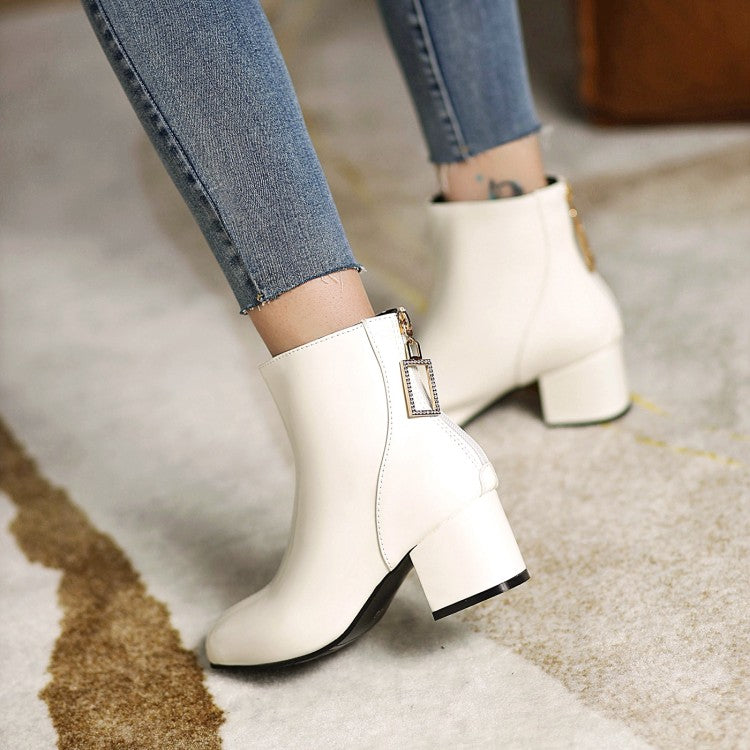 Women's Round Toe Back Zippers Block Chunky Heel Short Boots