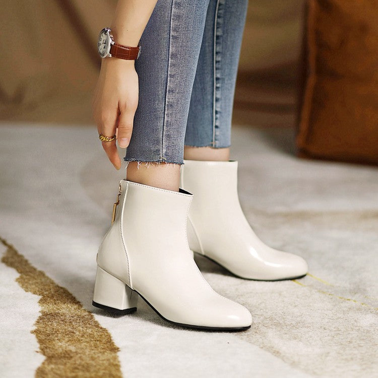 Women's Round Toe Back Zippers Block Chunky Heel Short Boots