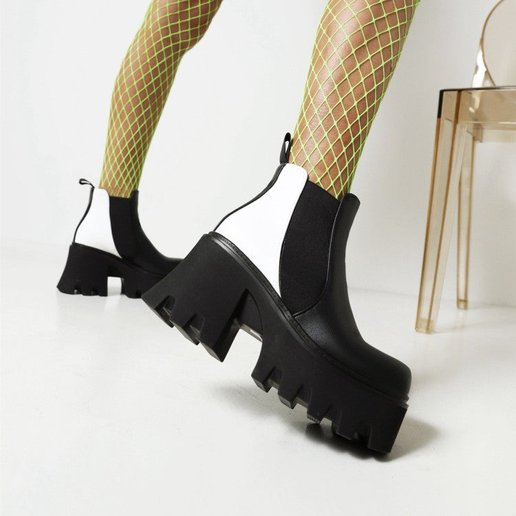 Women's Bicolor Pu Leather Square Toe Stretch Block Chunky Heel Platform Short Boots