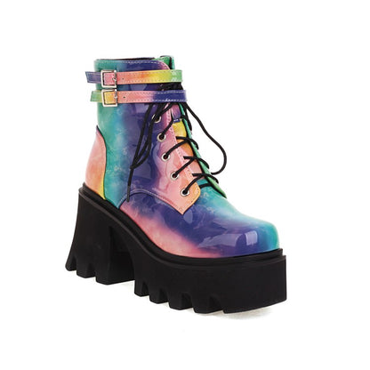 Women's Colorful Square Toe Lace Up Buckle Straps Side Zippers Block Chunky Heel Platform Short Boots