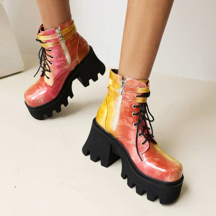 Women's Colorful Square Toe Lace Up Buckle Straps Side Zippers Block Chunky Heel Platform Short Boots