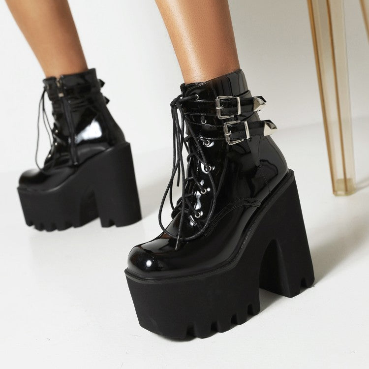 Women's Glossy Square Toe Lace Up Buckle Straps Block Chunky Heel Platform Ankle Boots