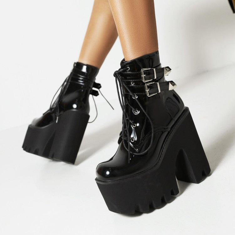 Women's Glossy Square Toe Lace Up Buckle Straps Block Chunky Heel Platform Ankle Boots